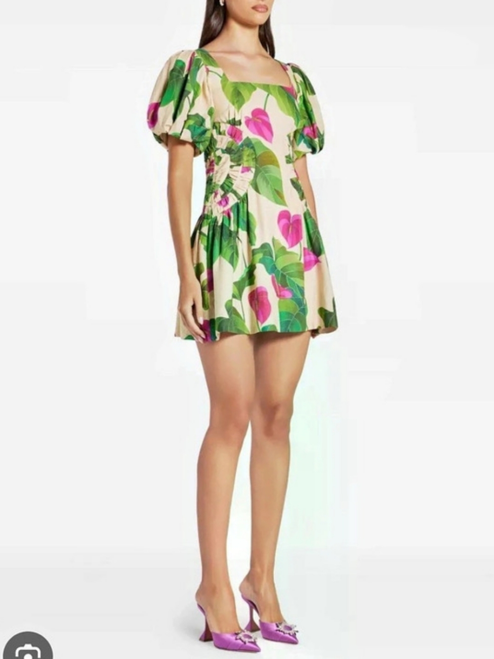 FARMRIO Leaves Puff Sleeves Floral Mini Dress in Green & Pink